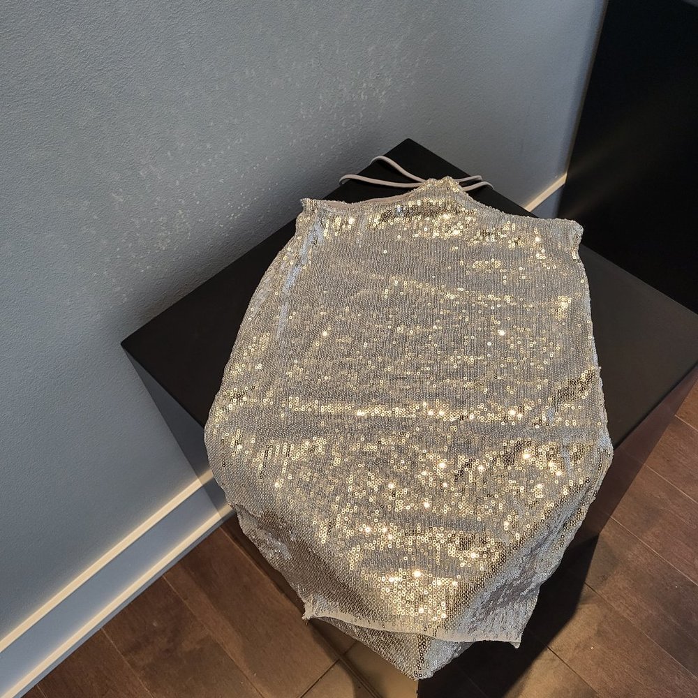INDAH silver asymetrical sequin mini skirt